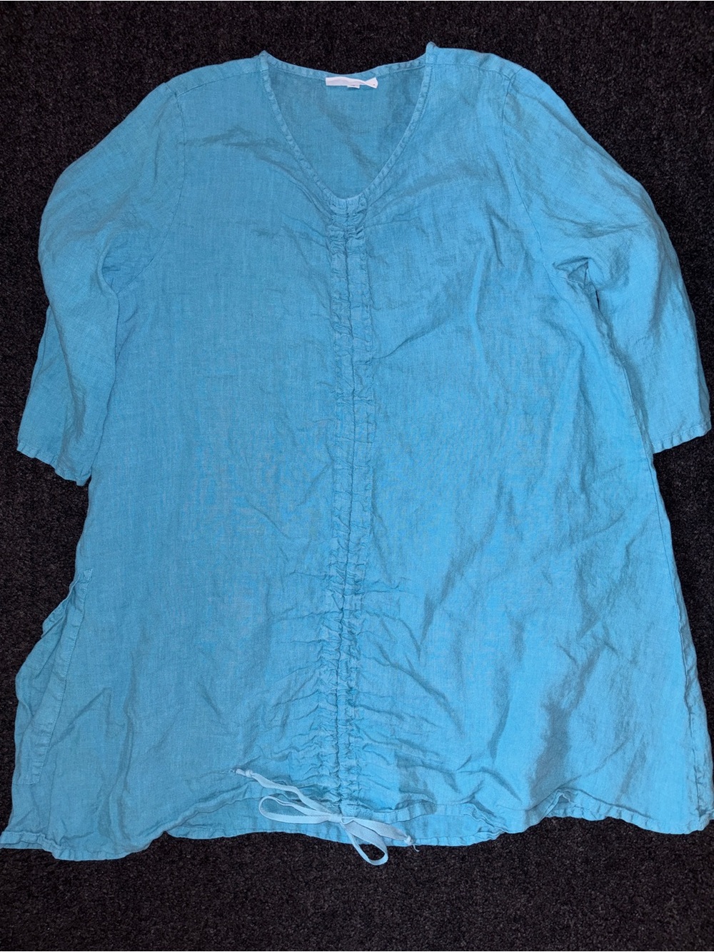 Bryn Walker 100% Linen Tunic Blue Top XL Drawstring Cinched Lagenlook Artsy